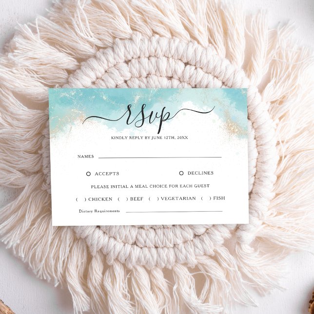 Elegant Blue Watercolor Gold Wedding RSVP Card (Creator Uploaded)