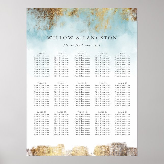 Elegant Blue Watercolor Gold Wedding Seating Chart (Front)
