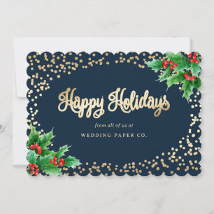 Elegant Blue Watercolor Holly Berries Business Holiday Card