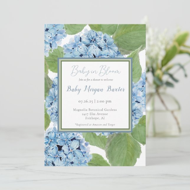 Elegant Blue Watercolor Hydrangea Baby Shower Invitation (Standing Front)