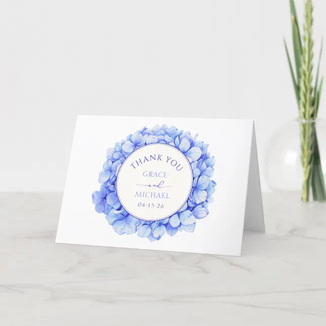 Elegant Blue Watercolor Hydrangea Custom Wedding Thank You Card | Zazzle