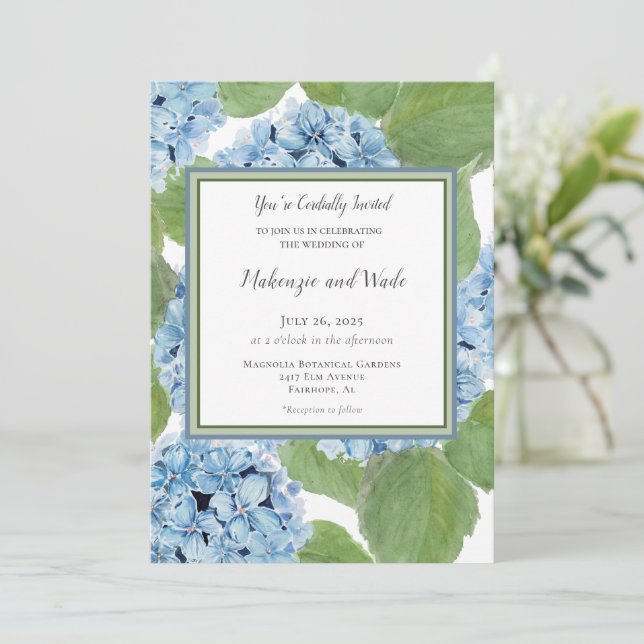 Elegant Blue Watercolor Hydrangea Floral Wedding Invitation (Standing Front)
