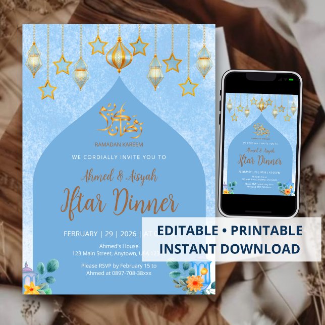 Elegant Blue Watercolor Iftar Dinner Invitation (Creator Uploaded)