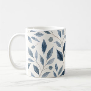 Elegant Blue Watercolor Leaves Coffee Mug