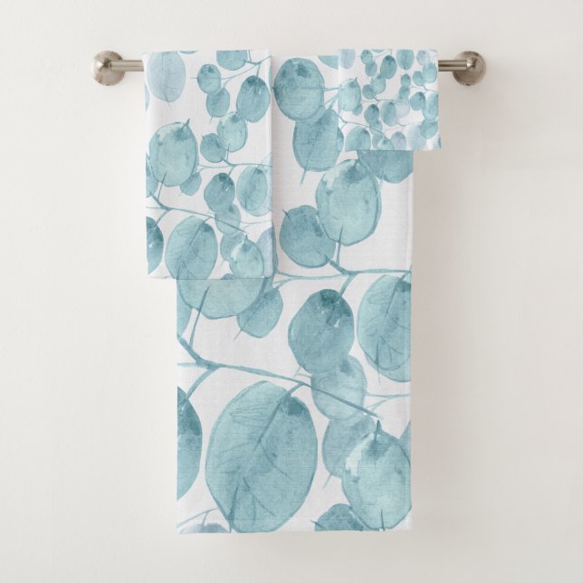 Elegant Blue Watercolor Leaves Ditsy Pattern | Bath Towel Set (Insitu)