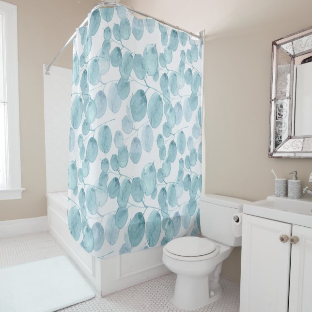 Elegant Blue Watercolor Leaves Ditsy Pattern | Shower Curtain (In Situ)