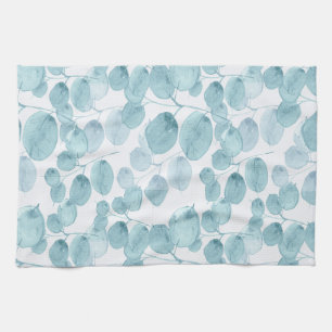 Elegant Blue Watercolor Leaves Ditsy Pattern Tea Towel