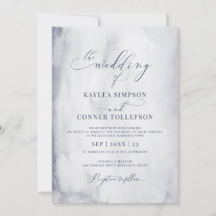 Elegant Blue Watercolor Marble Calligraphy Wedding Invitation