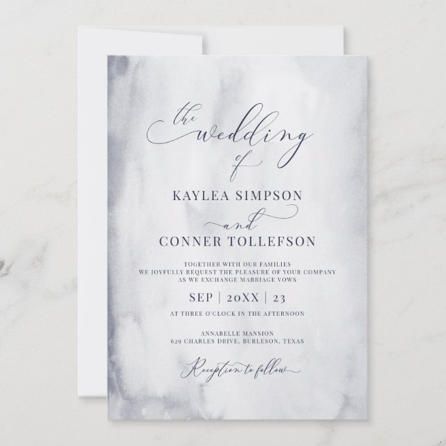Elegant Blue Watercolor Marble Calligraphy Wedding Invitation (Front)