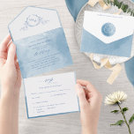 Elegant Blue Watercolor Monogram Wedding All In On All In One Invitation<br><div class="desc">Elegant All- in- One tri- fold wedding invitation with perforated RSVP postcard. Design with exquisite blue hues watercolor wash details and delicate hand drawn botanical monogram with couples initials. Modern hand written calligraphy elements. Environmentally friendly, as there is no need for extra insert cards, RSVP cards or even envelopes, this...</div>