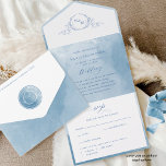 Elegant Blue Watercolor Monogram Wedding All In On All In One Invitation<br><div class="desc">Elegant All- in- One tri- fold wedding invitation with perforated RSVP postcard. Design with exquisite blue hues watercolor wash details and delicate hand drawn botanical monogram with couples initials. Modern hand written calligraphy elements. Environmentally friendly, as there is no need for extra insert cards, RSVP cards or even envelopes, this...</div>