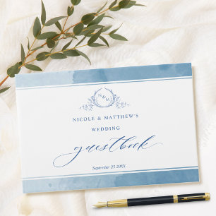 Elegant Blue Watercolor Monogram Wedding Guest Boo Guest Book