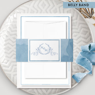Elegant Blue Watercolor, Monogram Wedding Invitati Invitation Belly Band