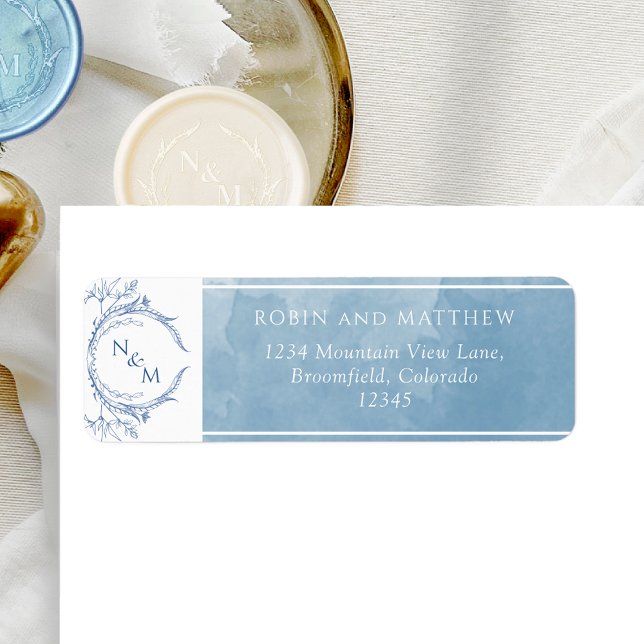 Elegant Blue Watercolor, Monogram Wedding Label (Creator Uploaded)