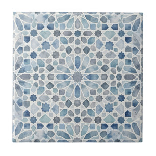Elegant Blue Watercolor Moroccan Zellij Mosaic Tile