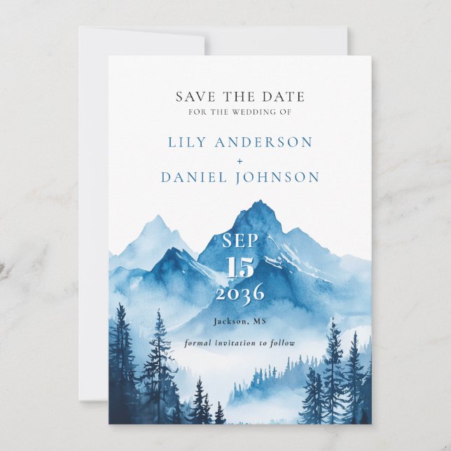 Elegant Blue Watercolor Mountain Photo Wedding Save The Date (Front)