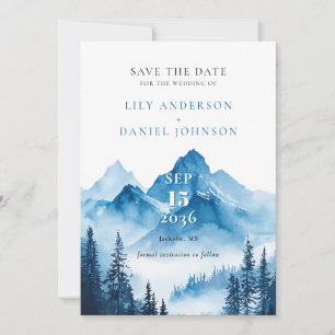 Elegant Blue Watercolor Mountain Photo Wedding Save The Date