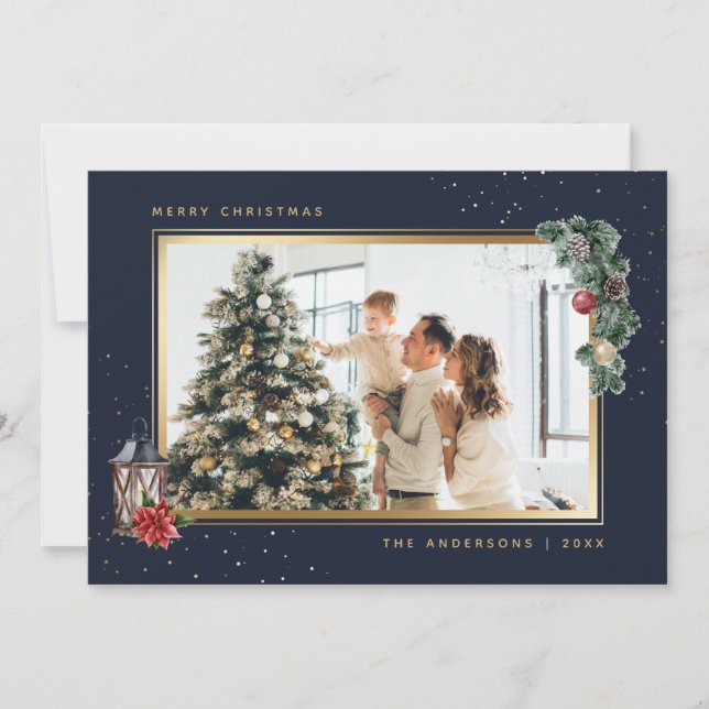 Elegant Blue Watercolor Photo Christmas Cards (Front)