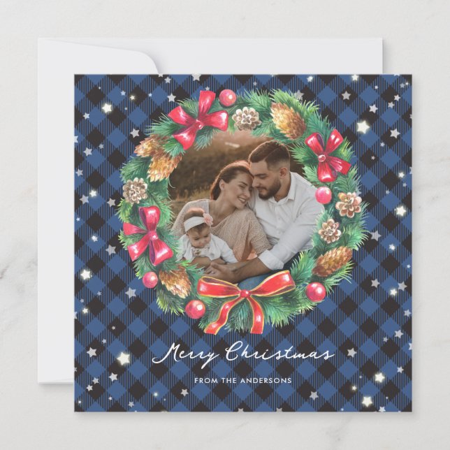 Elegant Blue Watercolor Photo Merry Christmas Holiday Card (Front)