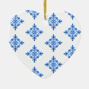 Elegant Blue Watercolor Portuguese Tile Floral Ceramic Tree Decoration