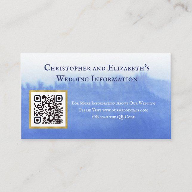 Elegant Blue Watercolor QR Code Website Wedding Business Card (Front)