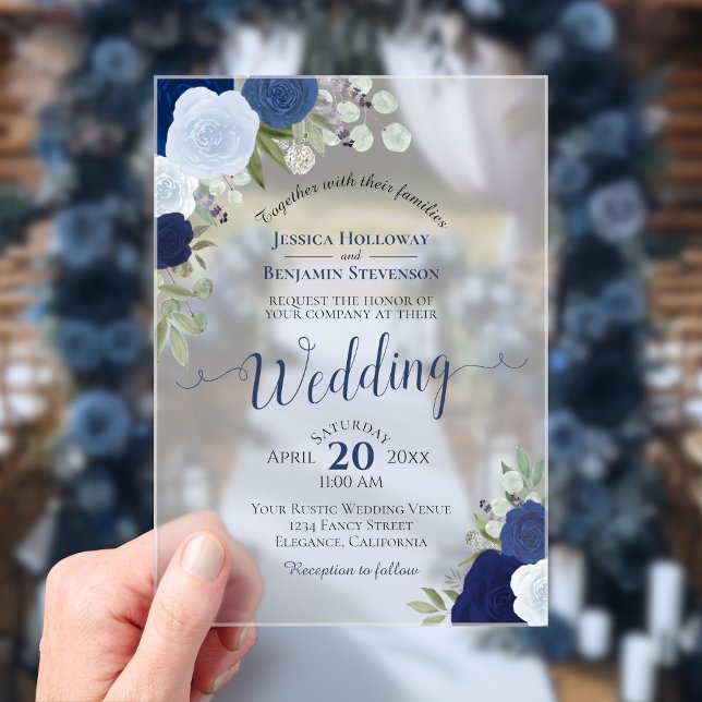 Elegant Blue Watercolor Roses Boho Wedding Acrylic Invitations (Creator Uploaded)
