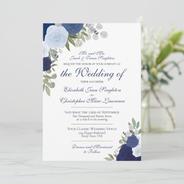 Elegant Blue Watercolor Roses Formal Wedding Invitation (Standing Front)