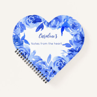 Elegant blue watercolor roses heart notebook