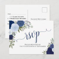 Elegant Blue Watercolor Roses Wedding RSVP