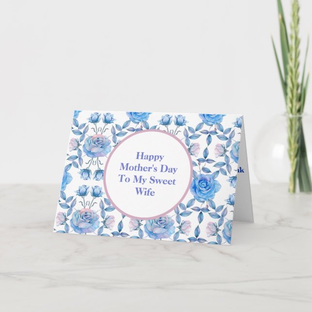 Elegant Blue Watercolor Roses Wife Mothers Day Card (Front)
