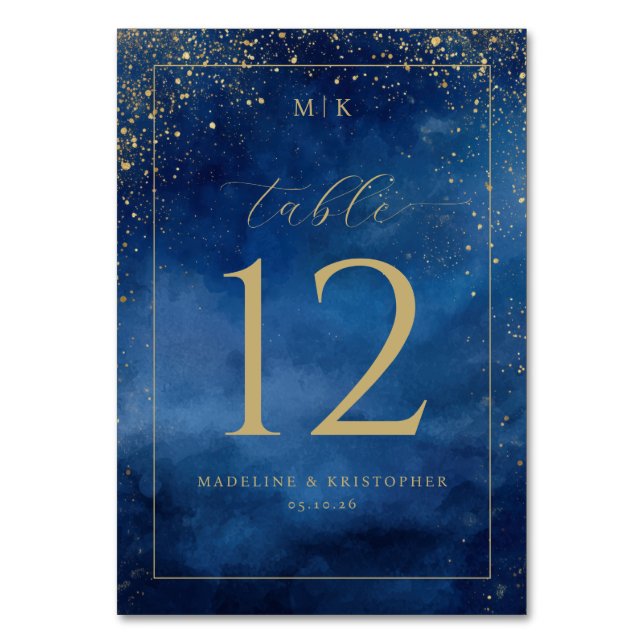 Elegant Blue Watercolor Speckles Table Number (Front)