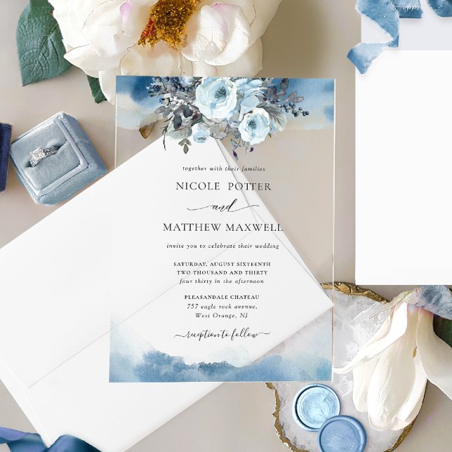 Elegant Blue Watercolor Stains and Floral Wedding Acrylic Invitations (Creator Uploaded)