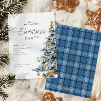 Elegant Blue Watercolor Tree Christmas Party Holiday Card