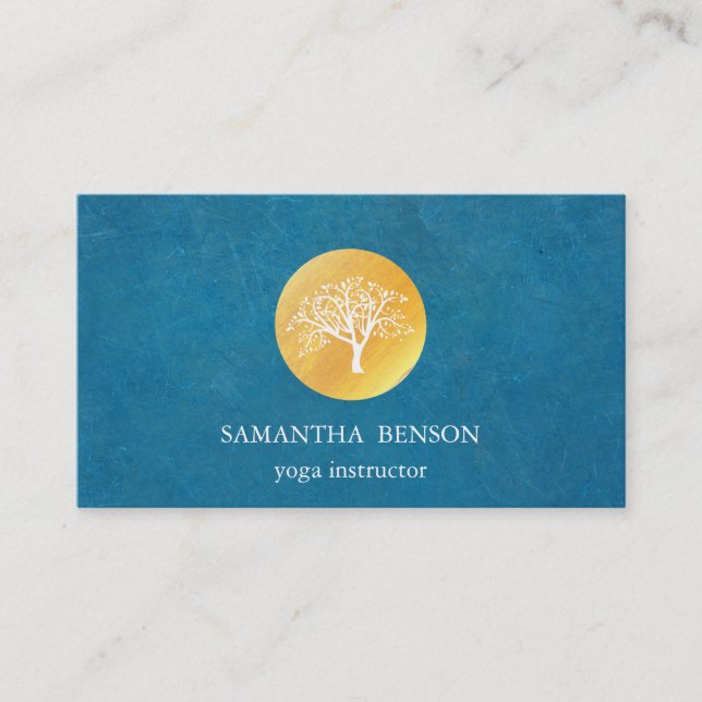 Elegant Blue Watercolor Tree Yoga and Meditation Business Card (Front)