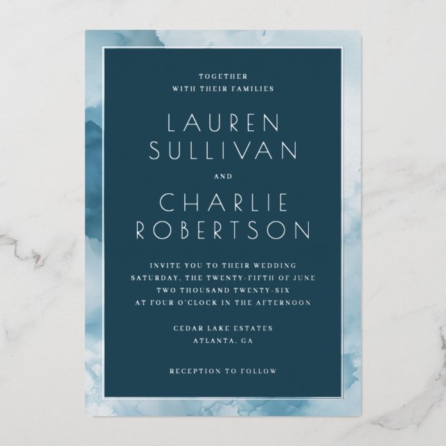 Elegant Blue Watercolor Wedding Invitation (Front)