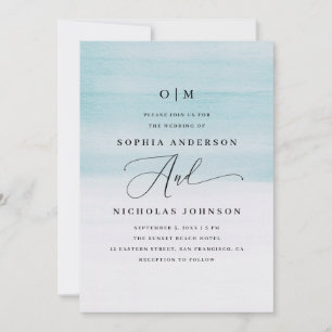 Elegant Blue Watercolor Wedding Nautical Script Invitation