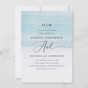 Elegant Blue Watercolor Wedding   Nautical Script  Invitation