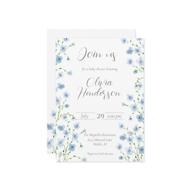 Elegant Blue Watercolor Wildflower Baby Shower Invitation (Front/Back In Situ)