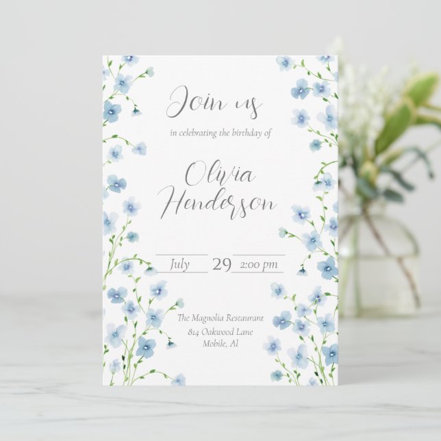 Elegant Blue Watercolor Wildflower  Invitation (Standing Front)