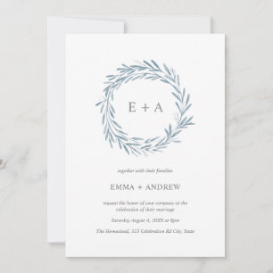 Elegant Blue Watercolor Wreath Wedding Invitation