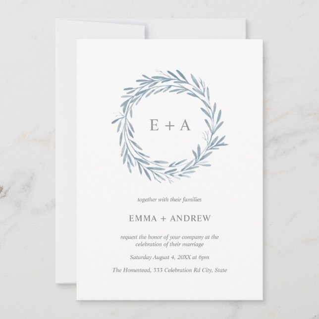 Elegant Blue Watercolor Wreath Wedding Invitation (Front)