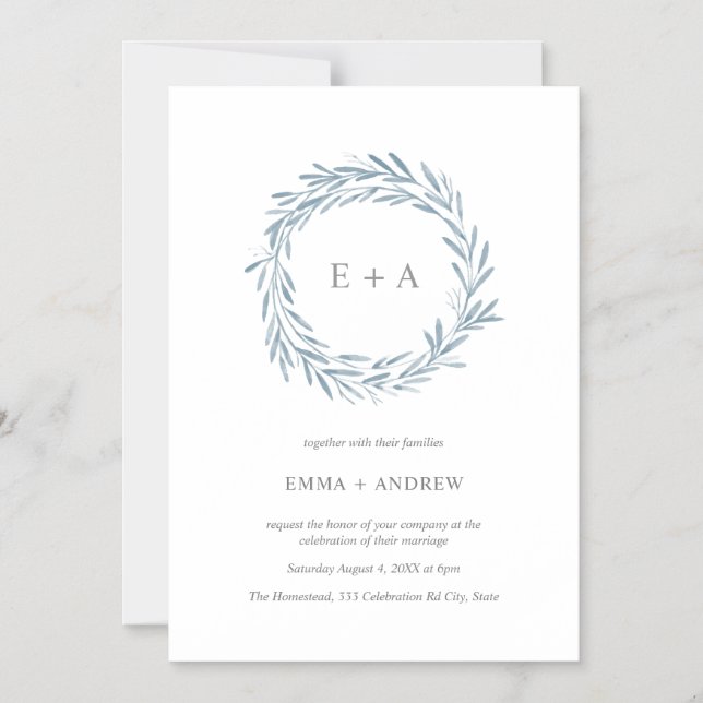 Elegant Blue Watercolor Wreath Wedding Invitation (Front)