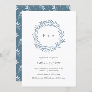 Elegant Blue Watercolor Wreath Wedding Invitation