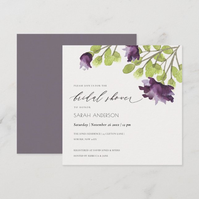 ELEGANT BLUE WATERCOLOUR FLORAL GOLD BRIDAL SHOWER INVITATION (Front/Back)