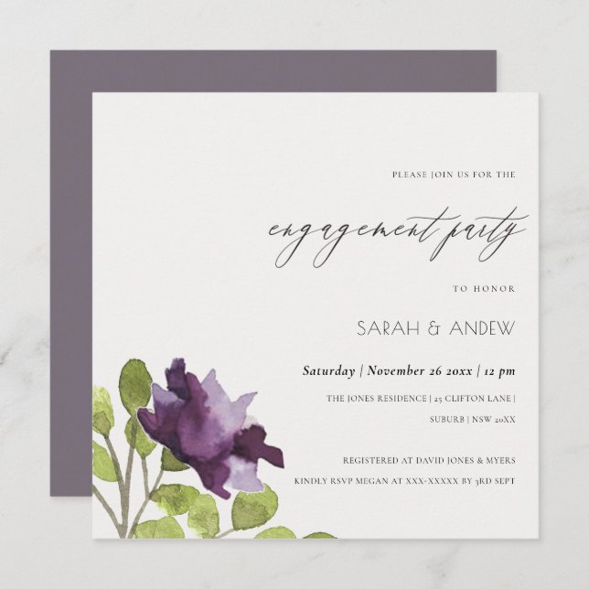 ELEGANT BLUE WATERCOLOUR FLORAL GOLD ENGAGEMENT INVITATION (Front/Back)
