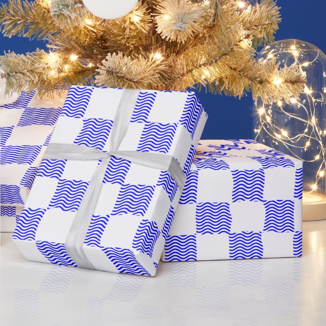 Elegant Blue Wave Chequerboard Painting Wrapping Paper (Holidays)