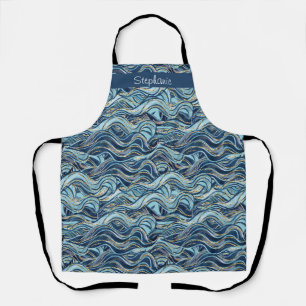 Elegant Blue Wave Pattern with Gold Accents Apron