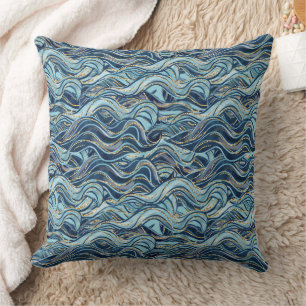 Elegant Blue Wave Pattern with Gold Accents Cushion