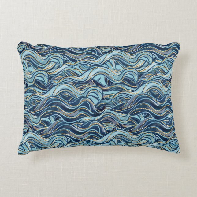 Elegant Blue Wave Pattern with Gold Accents Decorative Cushion (Front)