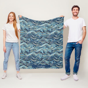 Elegant Blue Wave Pattern with Gold Accents Fleece Blanket
